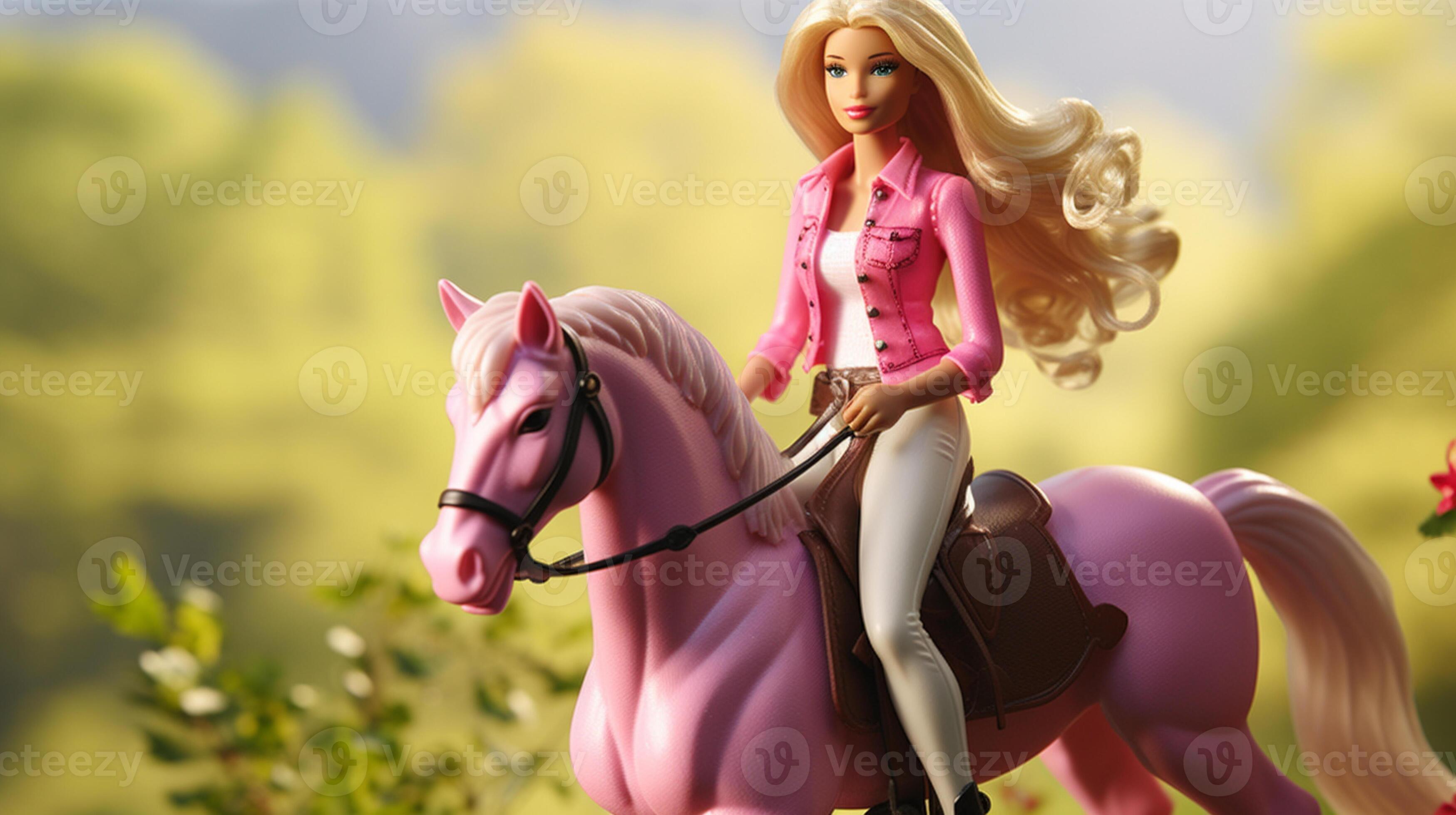 Barbie boneca equitação uma Rosa cavalo dentro uma campo do flores  generativo ai. 28463299 Foto de stock no Vecteezy